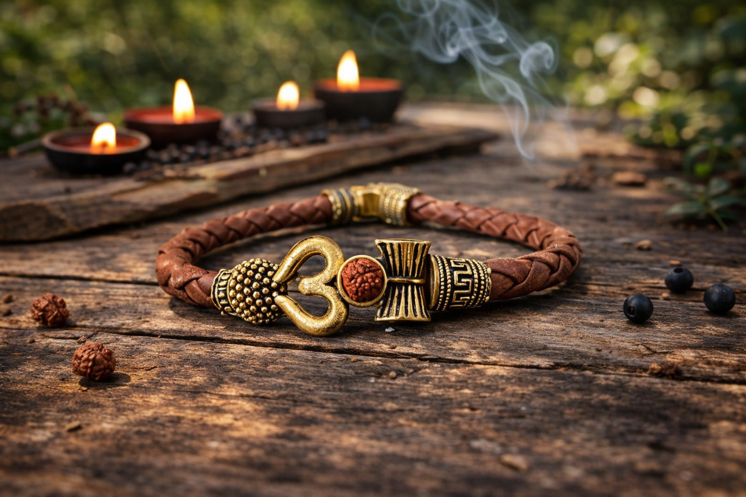 Rustic Om Rudraksha Leather Bracelet For Men