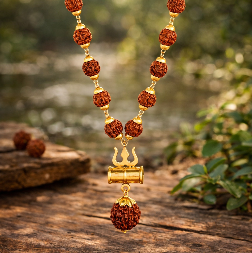 Gold Plated Rudraksha Trishool Necklace