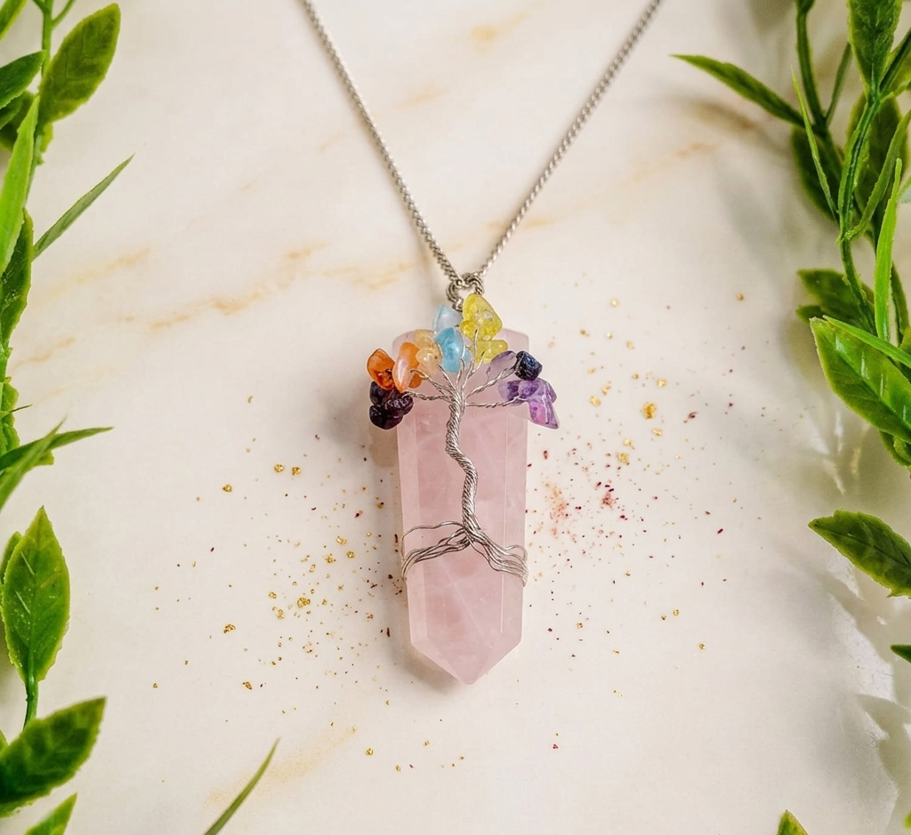 Silver Plated Rose Quartz 7 Chakra Necklace